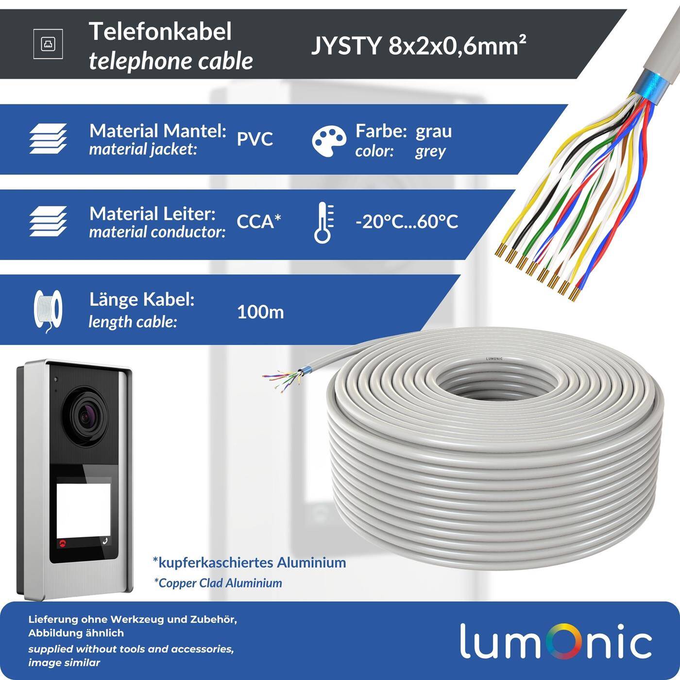 Lumonic Telefonkabel JYSTY grau | 8x2x0,6mm CCA | 100m | farbcodiert & geschirmt | Metermarkierung | Fernmeldekabel, Telefonanschlusskabel