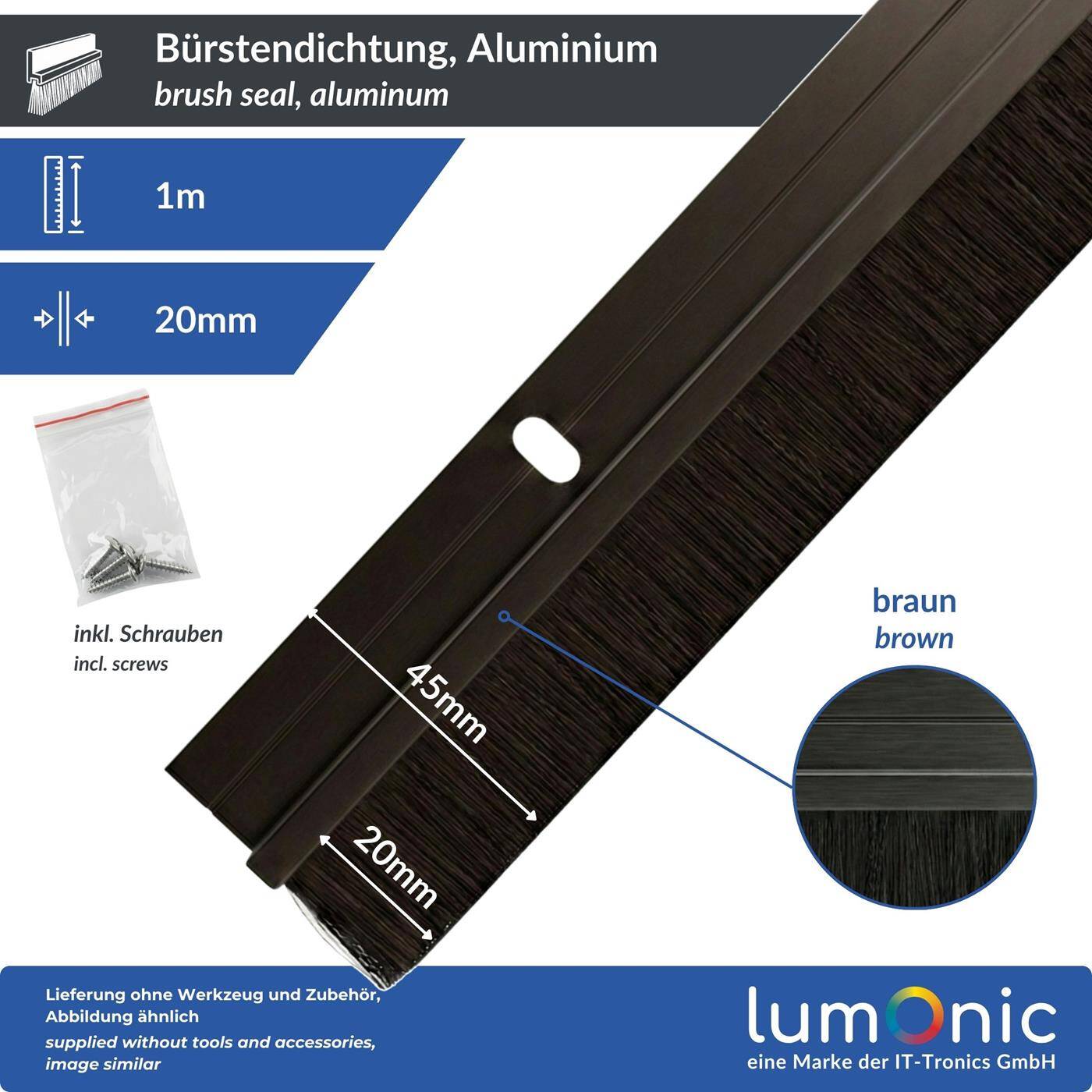Lumonic 1m Brush seal 20mm | Aluminum profile brown | Saves heating costs | Screwable + Can be cut to size | Door bottom seal as draught excluder, cold protection, insect protection for doors