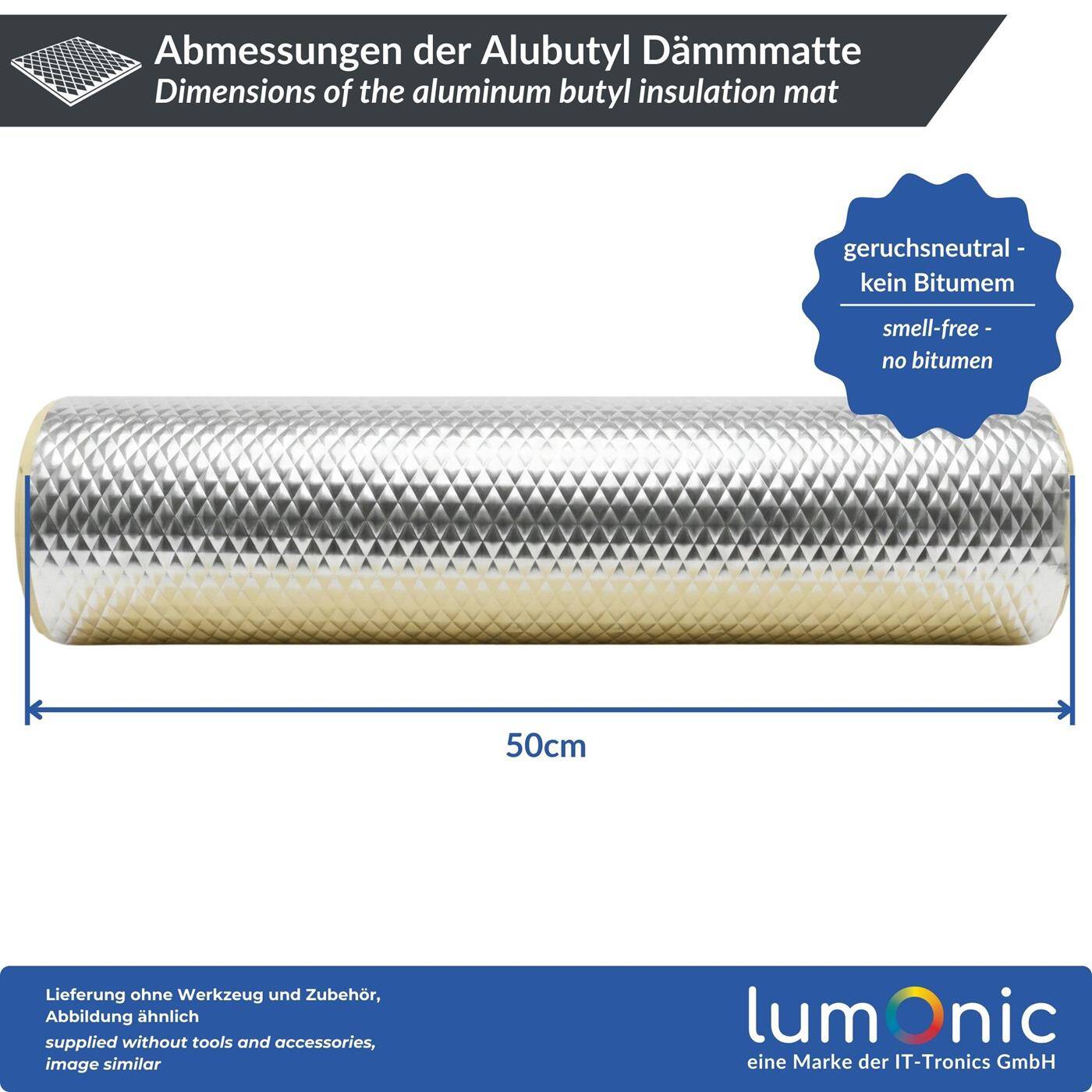Lumonic Alubutyl 2mm Insulating mat 2m² | Sound insulation, soundproofing for motor vehicles | 50x400cm Self-adhesive | Anti drone mat | 100% Butyl no bitumen | Odorless