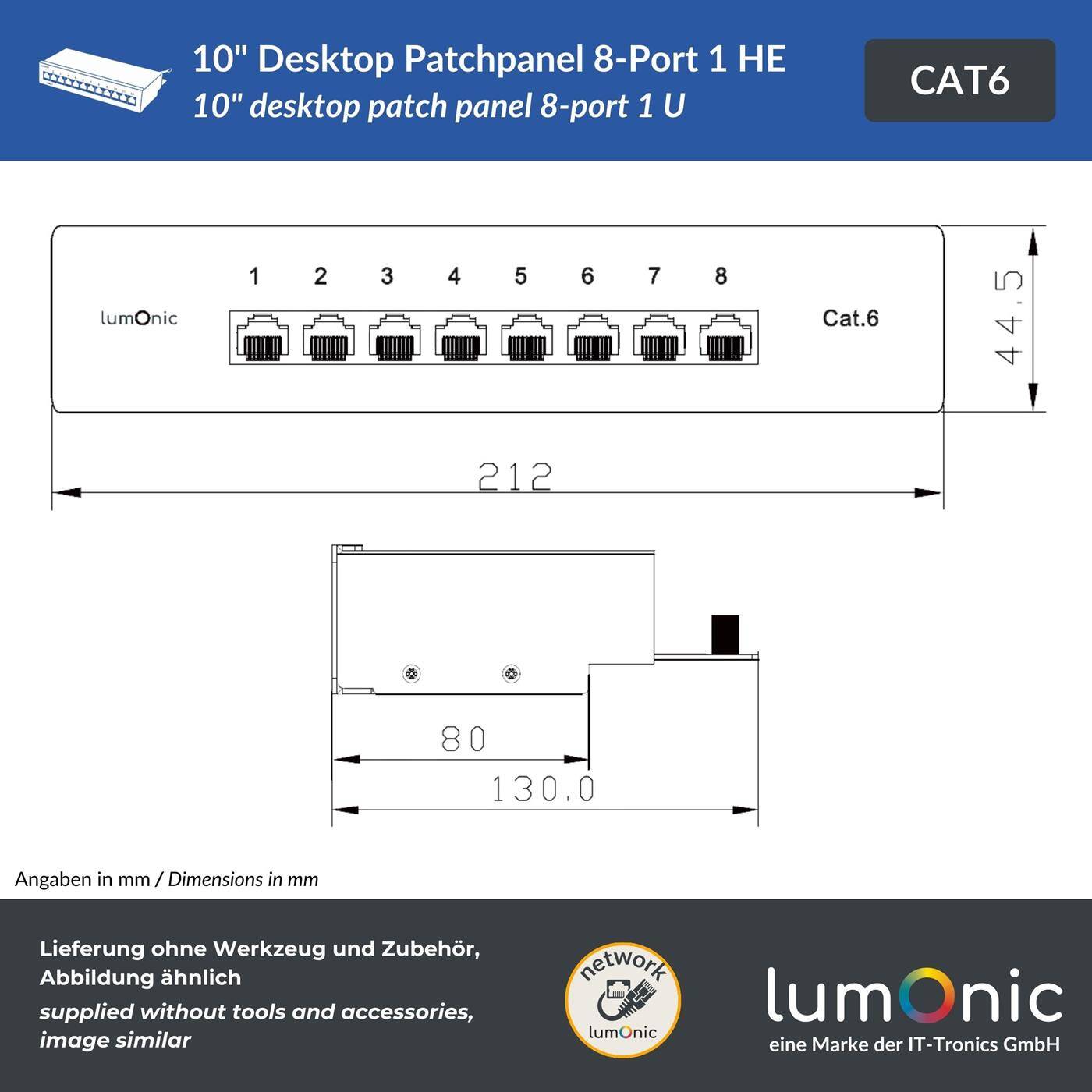 Lumonic 10" Patchpanel Desktop CAT6 | 8 Port, 1HE mit Beschriftungsfeld | LSA-Montage, T568A/B farbcodiert | freistehend, Wandmontage | geschirmtes schwarzes Patchfeld | 1 Gbit/s + PoE