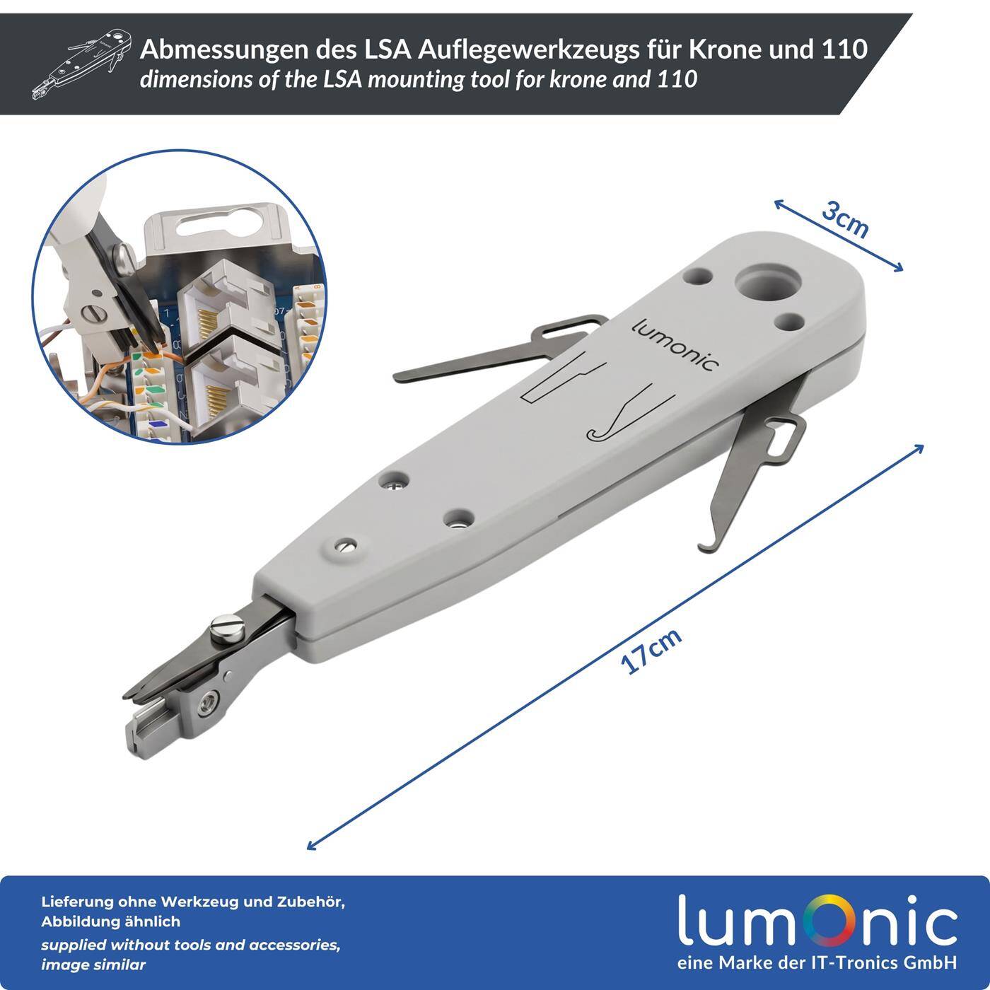 Lumonic LSA Auflegewerkzeug für Krone und 110 - kompatibel mit Krone/LSA Plus und 110, bündiges Abschneiden ohne Abisolieren, Aushebelhaken, für Patchpanel und Netzwerkdose