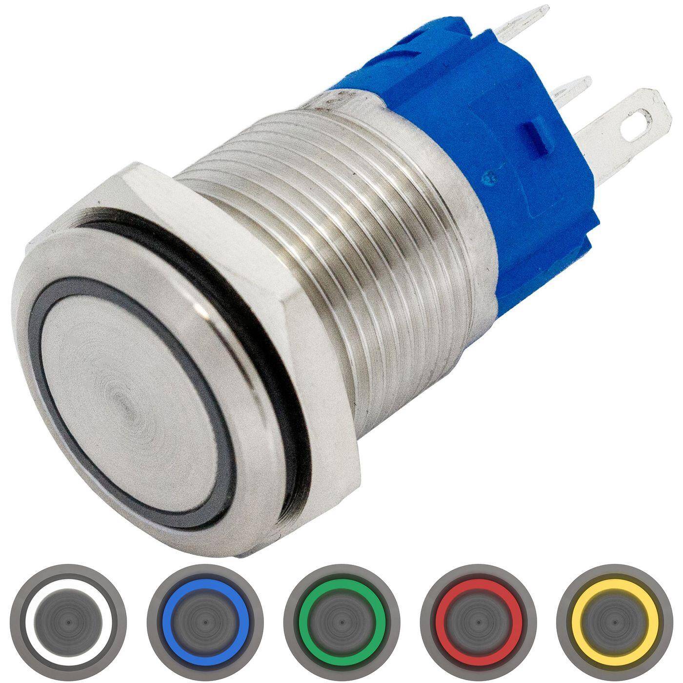 Lumonic Edelstahl Drucktaster flach 16mm Durchmesser I Mit einer Ring LED in Kalt-Weiß Maße: 2,8x0,5mm Pin s 250V 3A I Vandalismussicher nach dem IP65 Standard