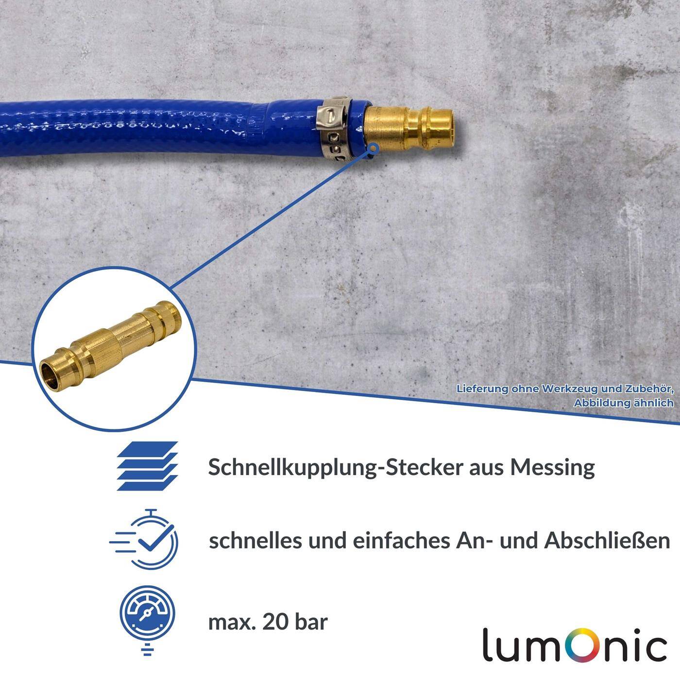 Lumonic I Coupling plug with hose nozzle I for 9mm hose I made of brass I Compressed air coupling plug I Quick coupling I for workshops, businesses and DIY enthusiasts