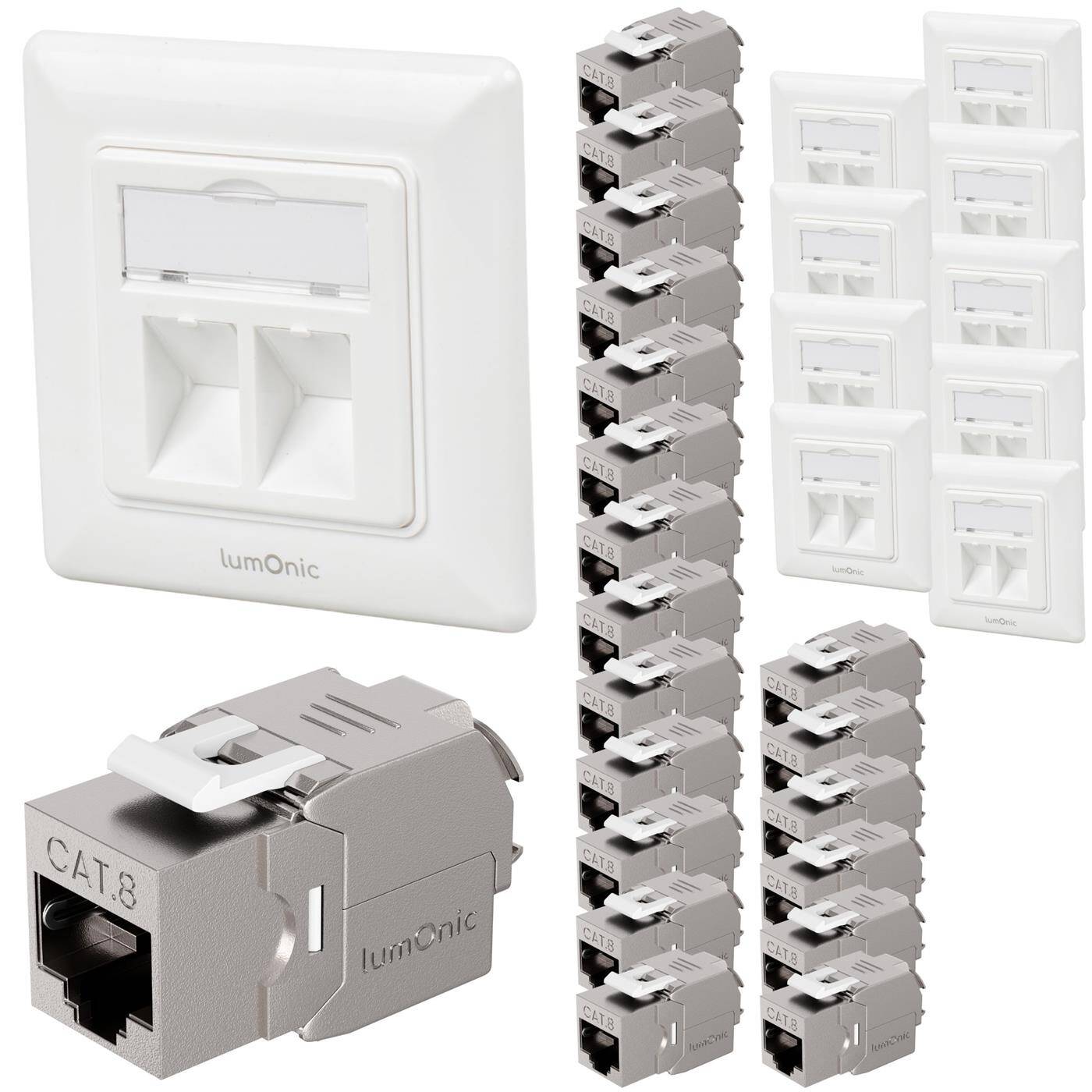 Set of 10 Keystone flush-mounted frame including 2x CAT8 module, 2-port snap-in I tool-free assembly, Standard 55 system, Ethernet socket up to 40 Gbit for AWG22-24, RJ45 fully shielded,