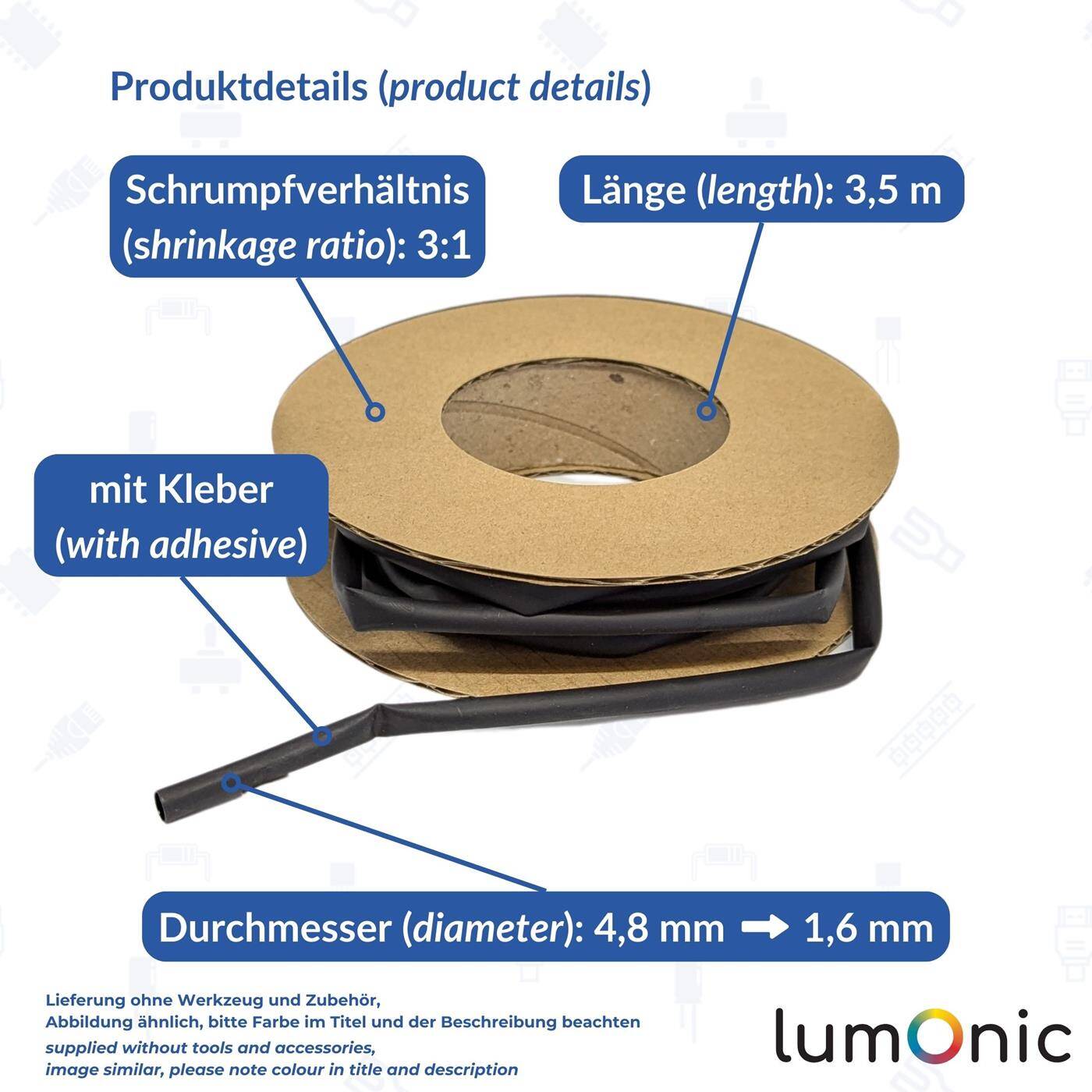 Lumonic 3,5m Schrumpfschlauch Box 3:1 mit Kleber Schwarz - Hier von: 4,8mm auf 1,6mm - Dickwandiger Schrumfpschlauch in verschiedenen Größen