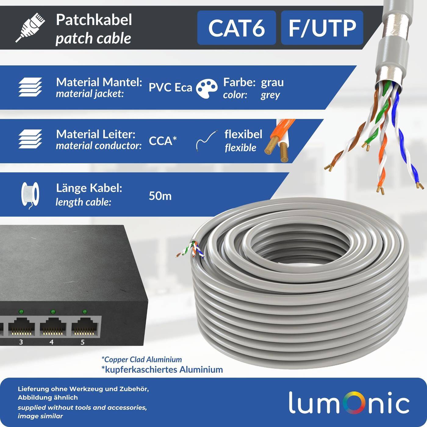 Lumonic LAN Netzwerkkabel 50m | LAN Kabel CAT6 F/UTP | Patchkabel  4x 2x AWG26/7 (verseilt) | 250MHz 10 Gbit/s Ethernet