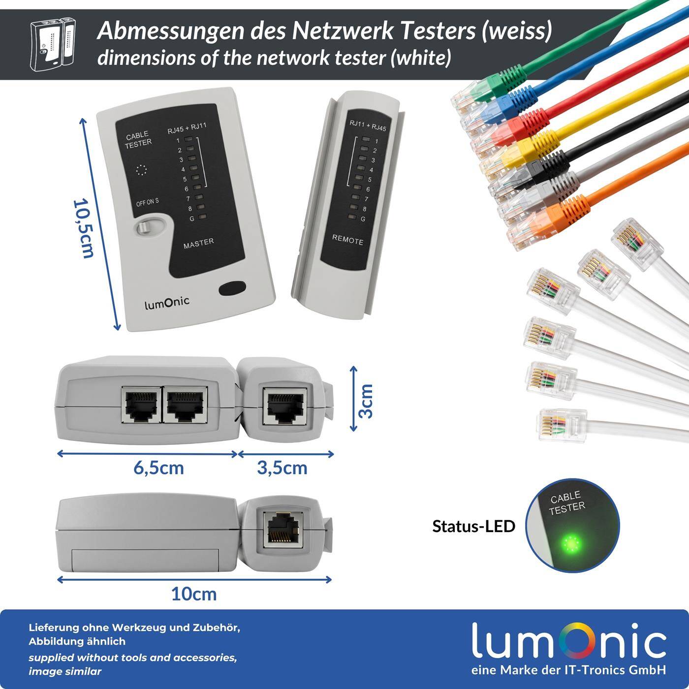 Lumonic Network tester with remote unit for RJ45 and RJ11, white - Master and remote units for Ethernet cables, RJ45 and RJ11, continuity tester, LAN tester, network cable tester