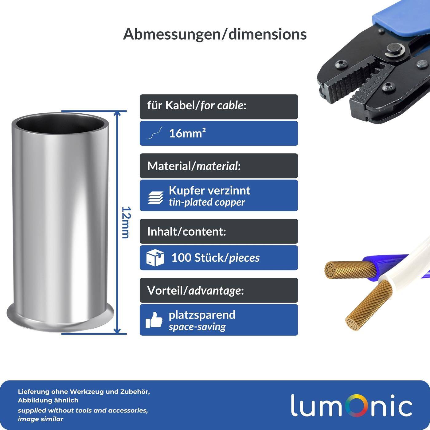 Lumonic 100 x 16mm² Aderendhülsen blank unisoliert I Die Länge beträgt 12mm I Verzinnt zum Schutz gegen Korrosion | Klemmhülsen, Kabelhülsen, Kabelendhülsen, Adernhülse