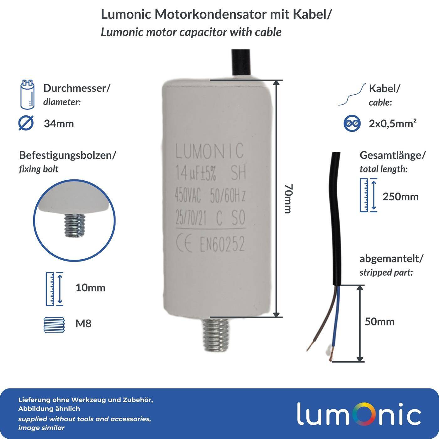 Lumonic Anlaufkondensator 14µF 450V | mit Kabel I 34x70mm I 14uF I Motorkondensator mit Kunststoffgehäuse I Betriebskondensator I für Pumpen, Rasenmäher, Werkzeuge