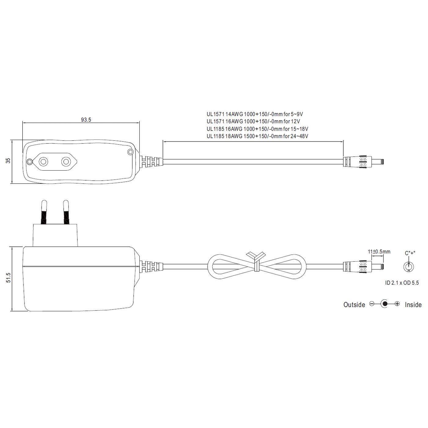 SGA60E12-P1J 60W 12V 5A Steckernetzteil Kabel 100cm + DC Stecker (2,1/5,5mm) AC DC Adpater