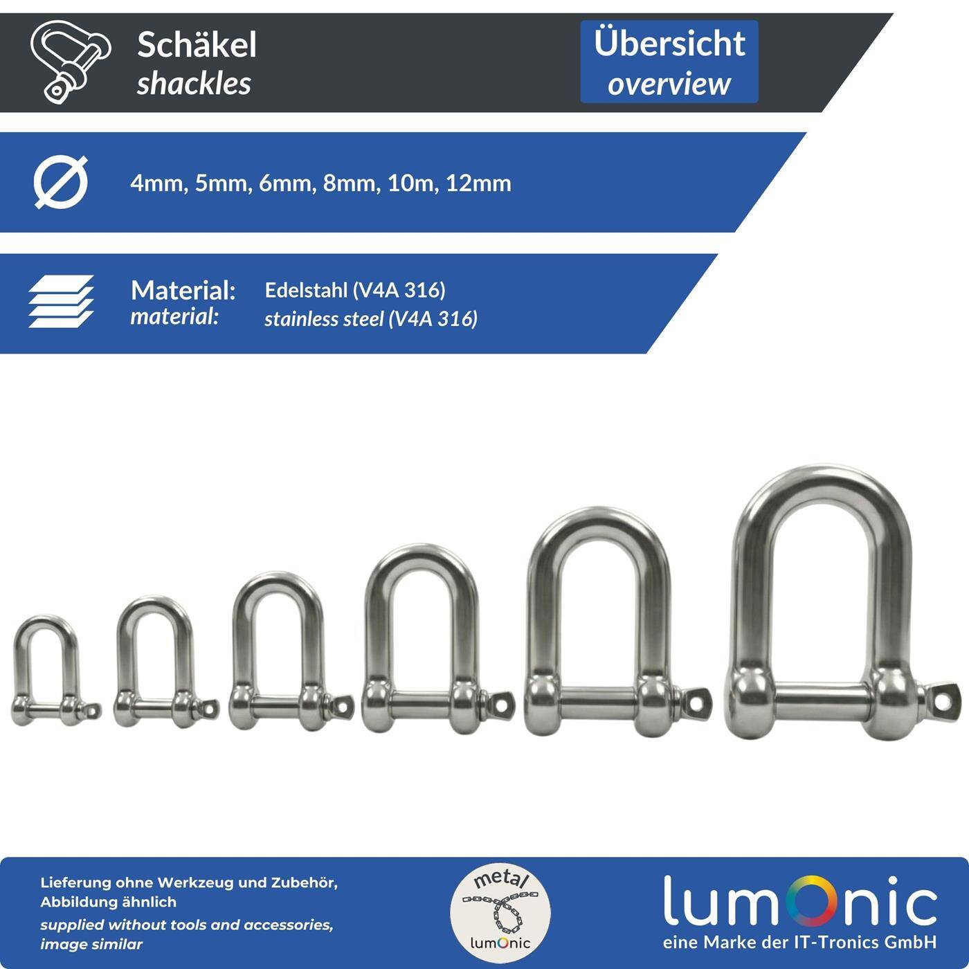 Lumonic Shackle V4A stainless steel | 4mm | Stainless + seawater resistant | Smooth-running thread | D-shackle for hammock, awning, rigging, chains