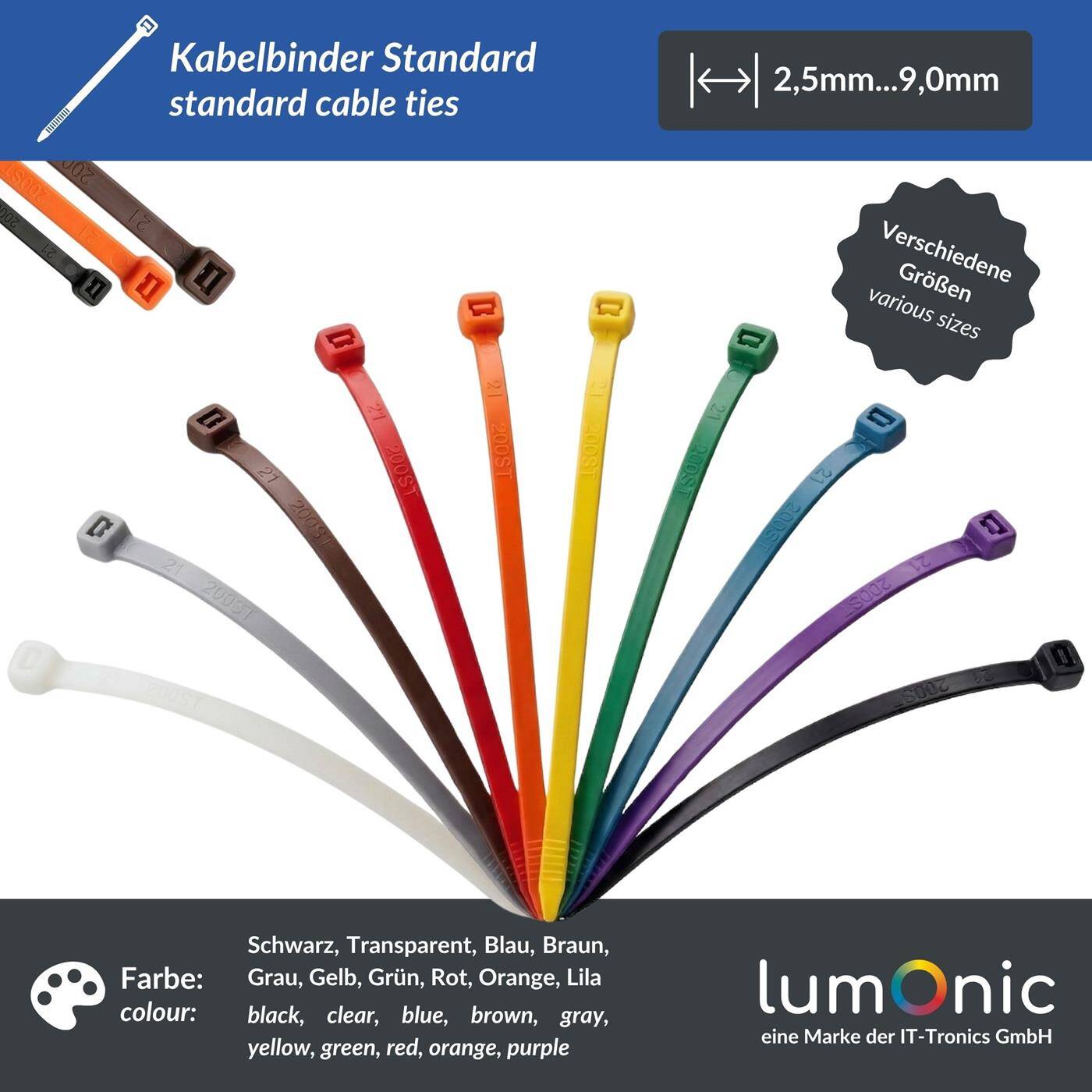Cable tie 2,5/3,6/4,8/7,2/9,0mm Industrial quality various colours
