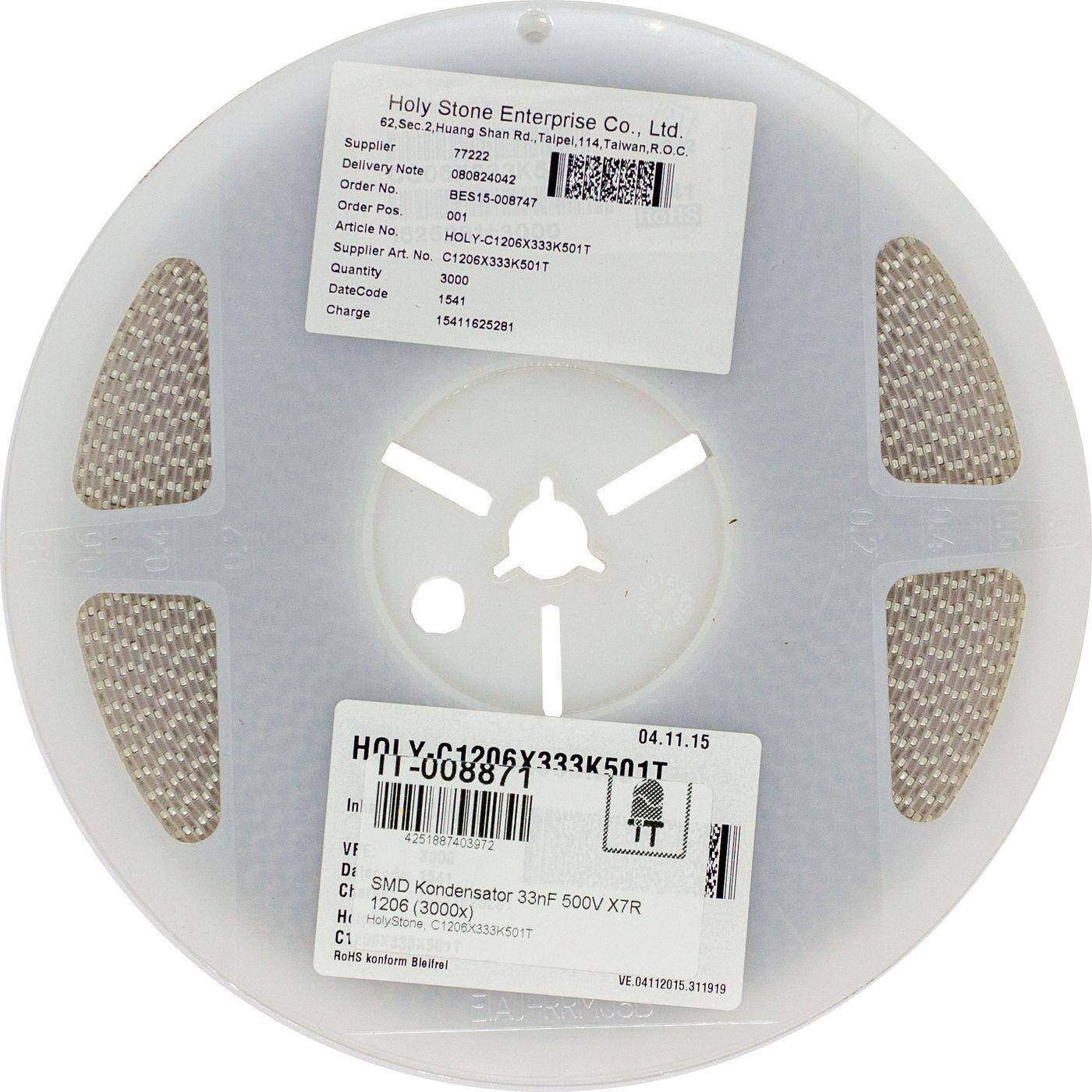 3000x SMD Capacitor 33000pF 500V 1206 X7R HolyStone C1206X333K501T 33nF
